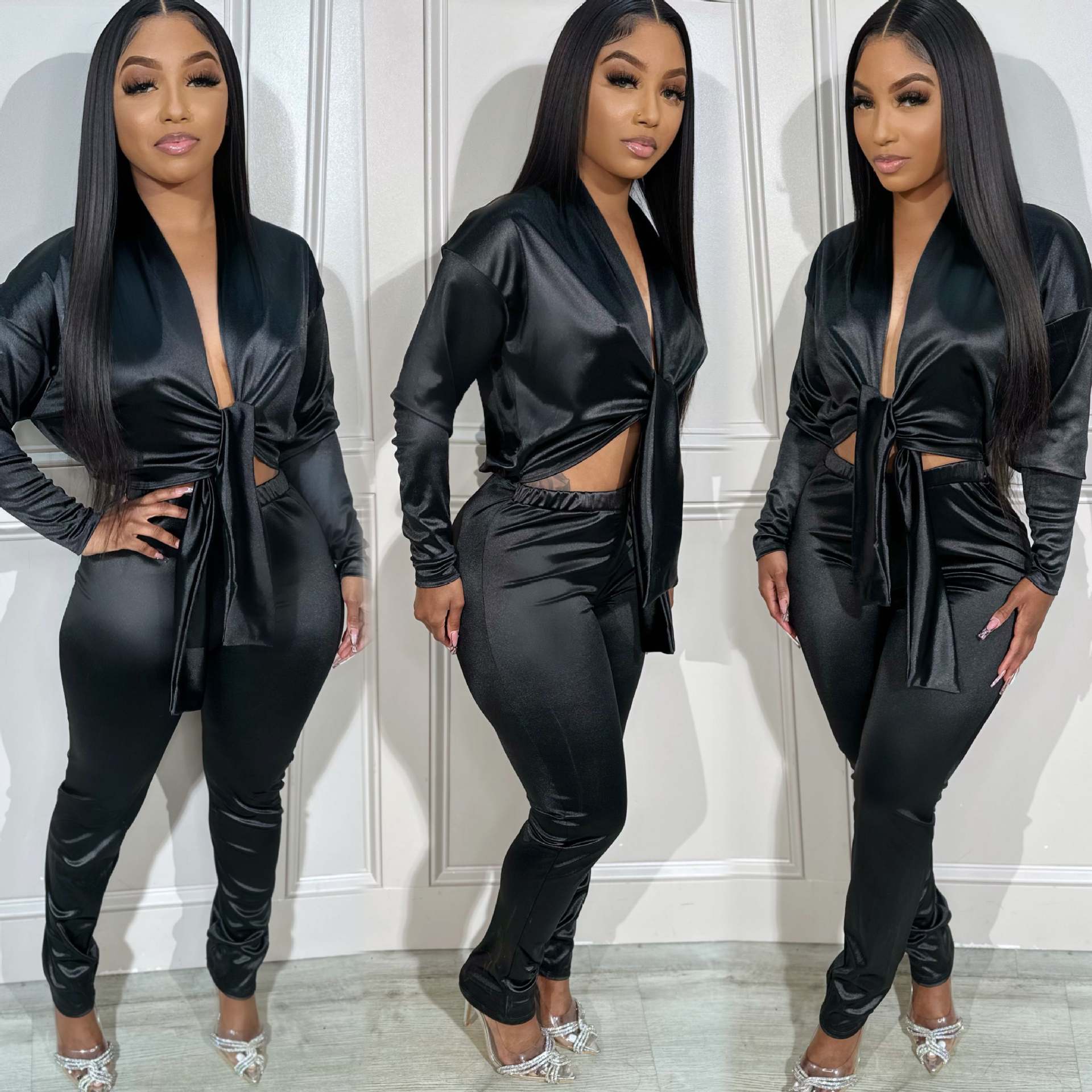 Women Sexy V-Neck Long Sleeve Top and Pant Two-Piece Set