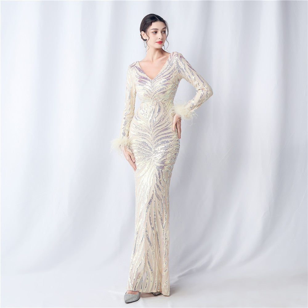 V-Neck Feather Long-Sleeved Sequined Evening Dress 9