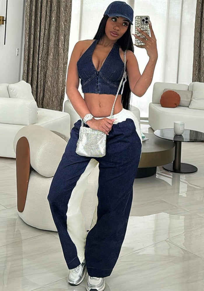 Crop Halter Top High-Waist Pants Autumn/Winter Set