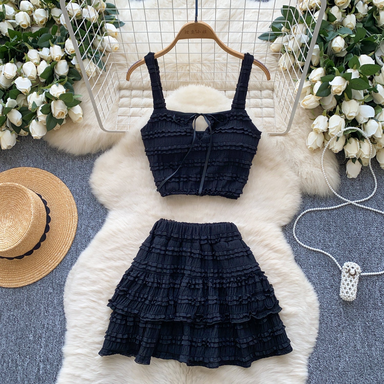 Summer Chic Women's Square Neck Camisole Vest High Waist Pleated Ruffle Skirt Two Piece Set 7