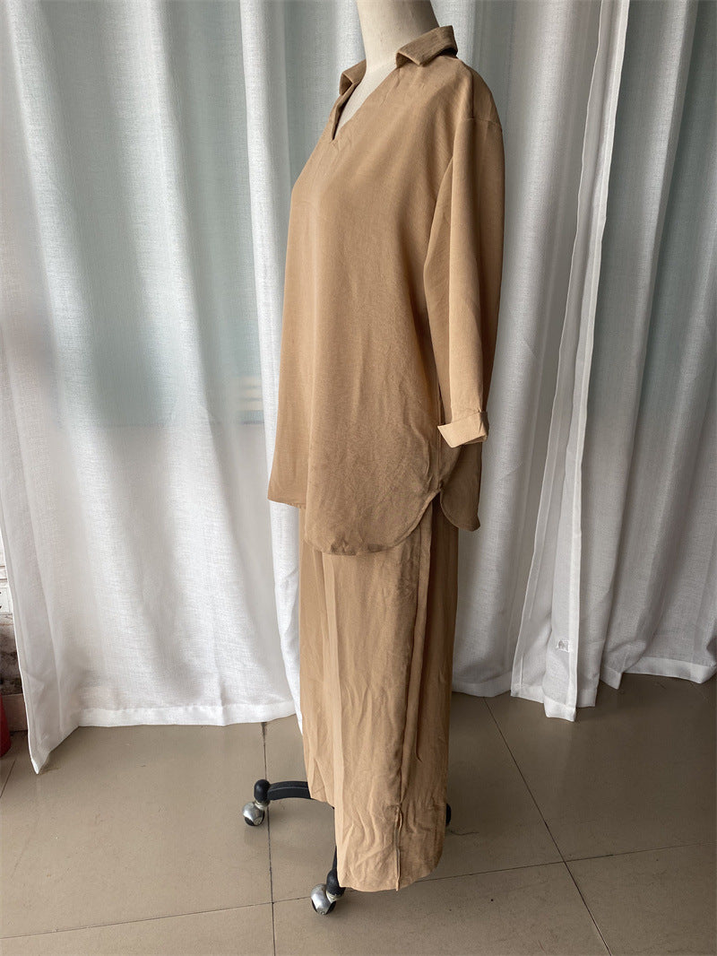 Plus Size Women Loose Top and Slit Wide Leg Pants Two-piece Set 16