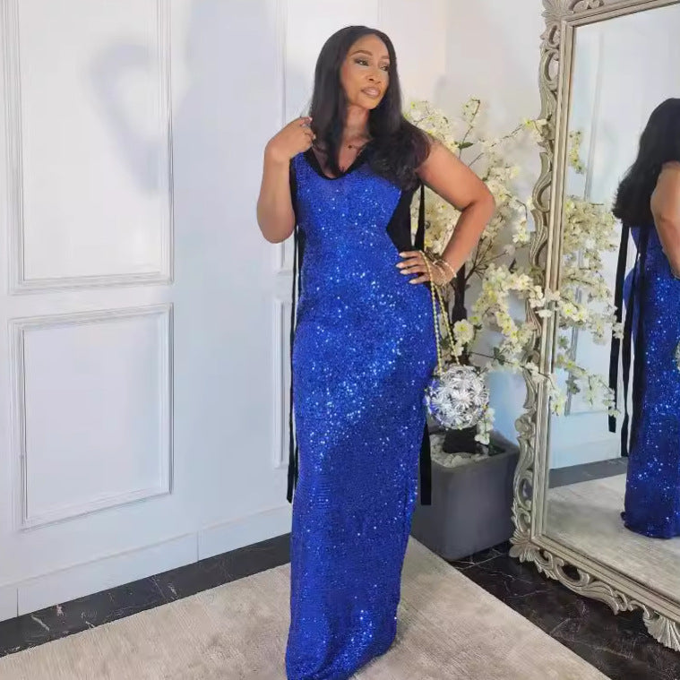 Women Sexy Lace-Up V-neck Sequin Dress 4