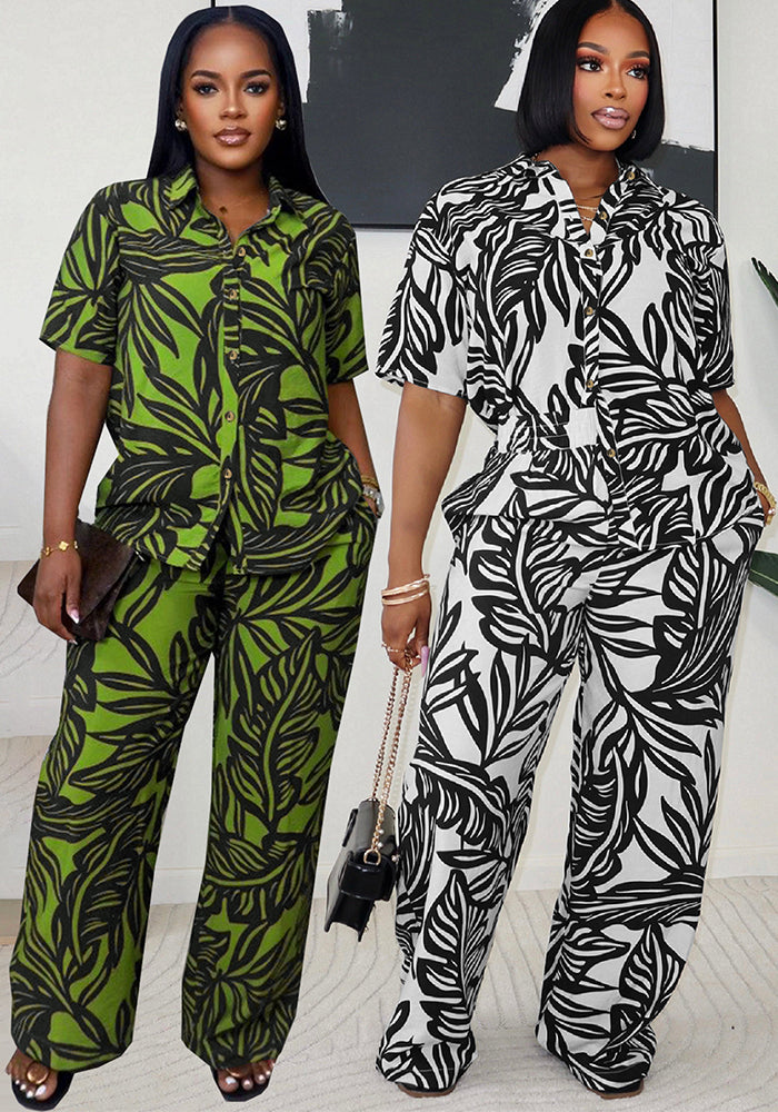 Women Summer Printed Turndown Collar Short Sleeve Top and Wide Leg Pants Two-piece Set