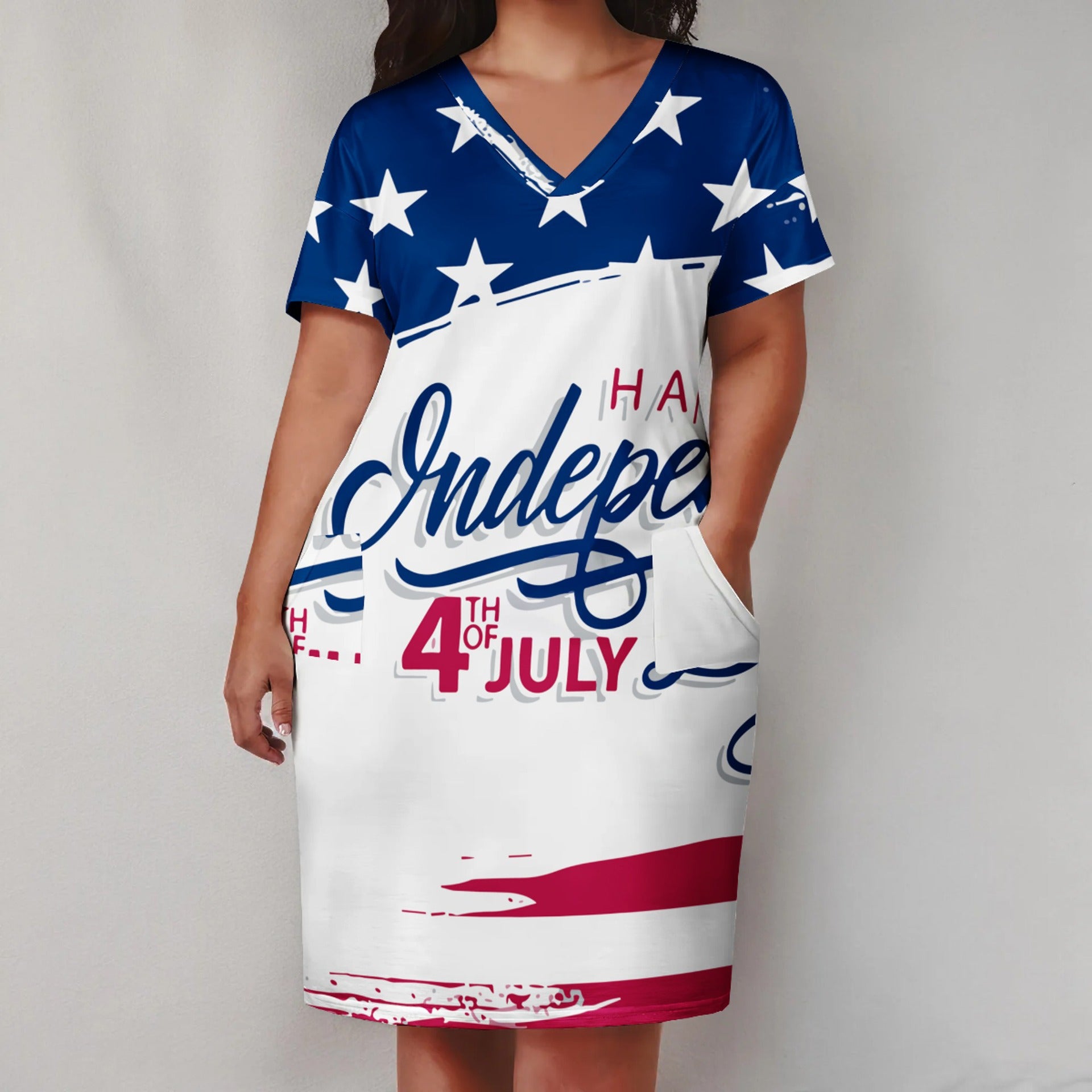 Plus Size Women American Flag V-Neck Pocket Loose Dress 3