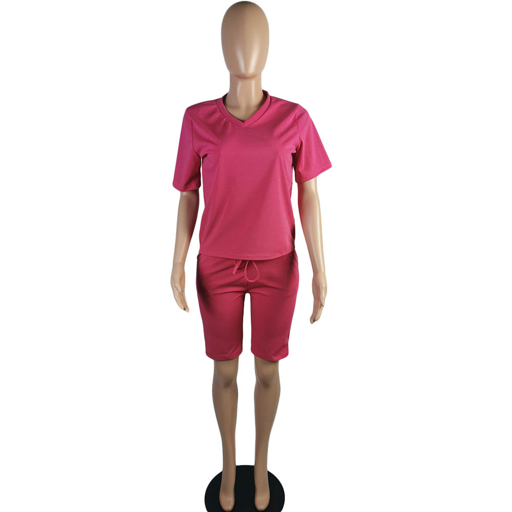Women Clothing Solid V-Neck Tshirt+Pocket Shorts Two-Piece Set 21