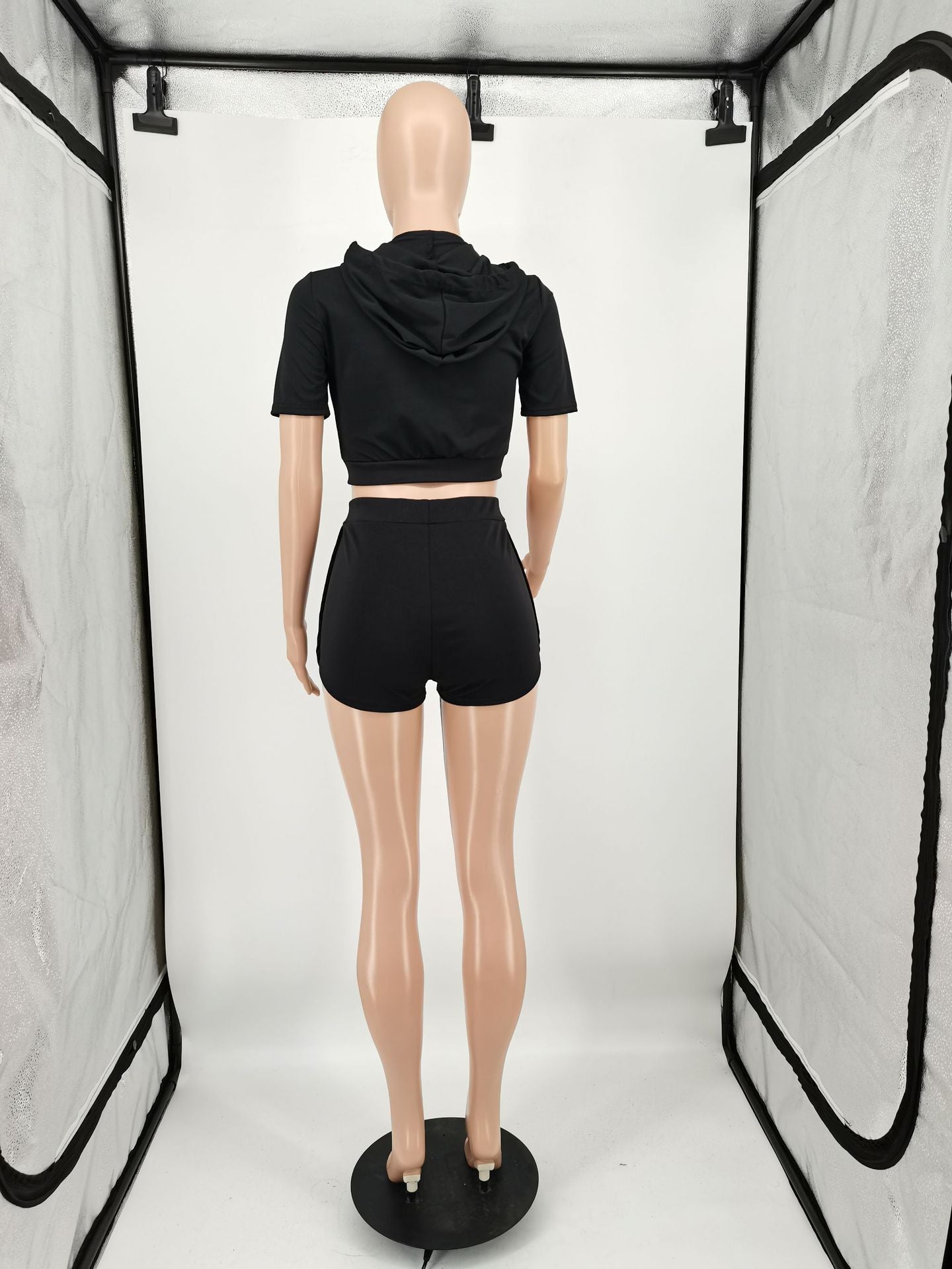 Women's Solid Color Fashion Casual Hooded Zipper Two-Piece Shorts Set 10