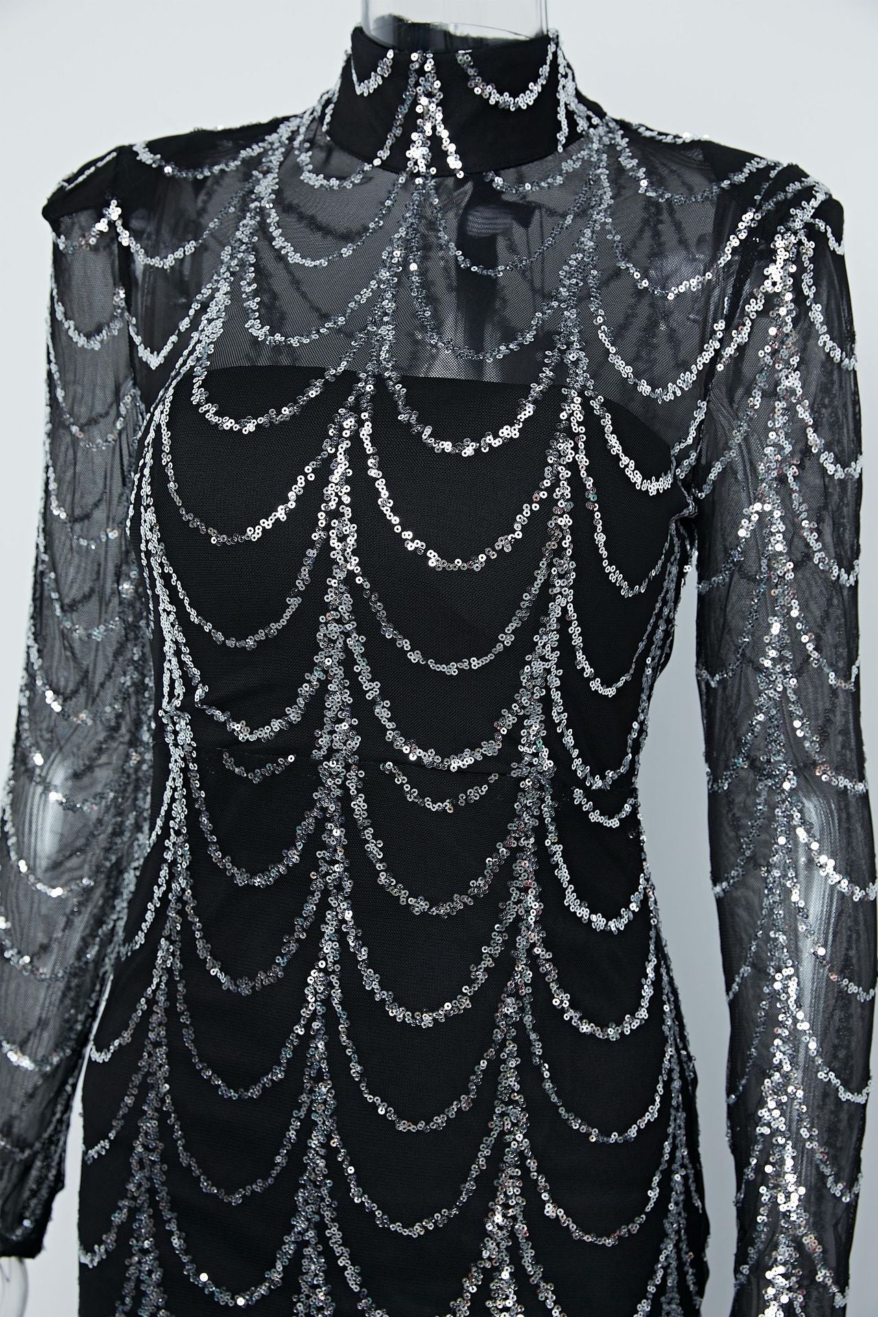 Long Sleeve Sexy See-Through Striped Sequin Long Evening Dress 8