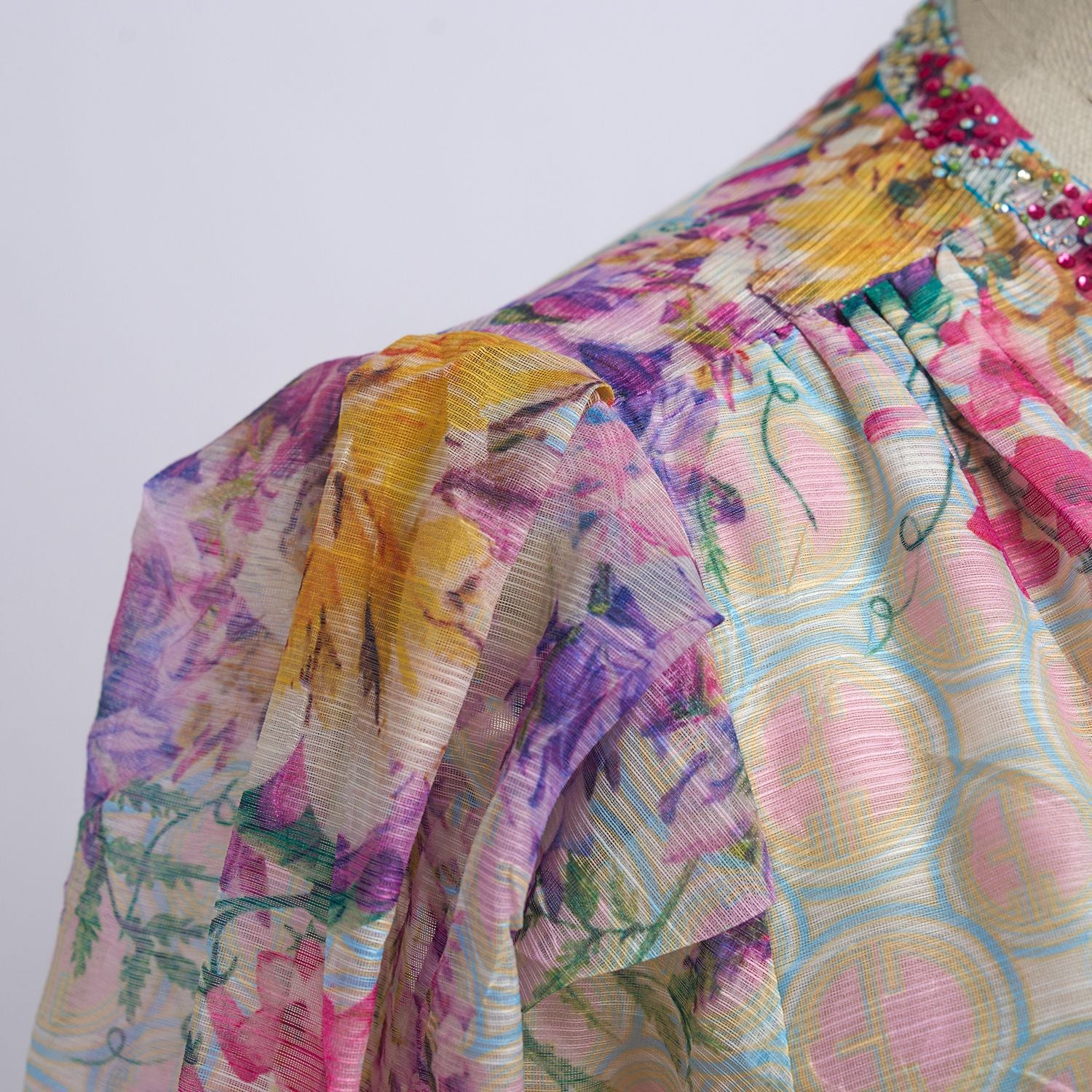 Spring Summer V neck Print Beaded Slim Waist A-line Holidays Dress 10