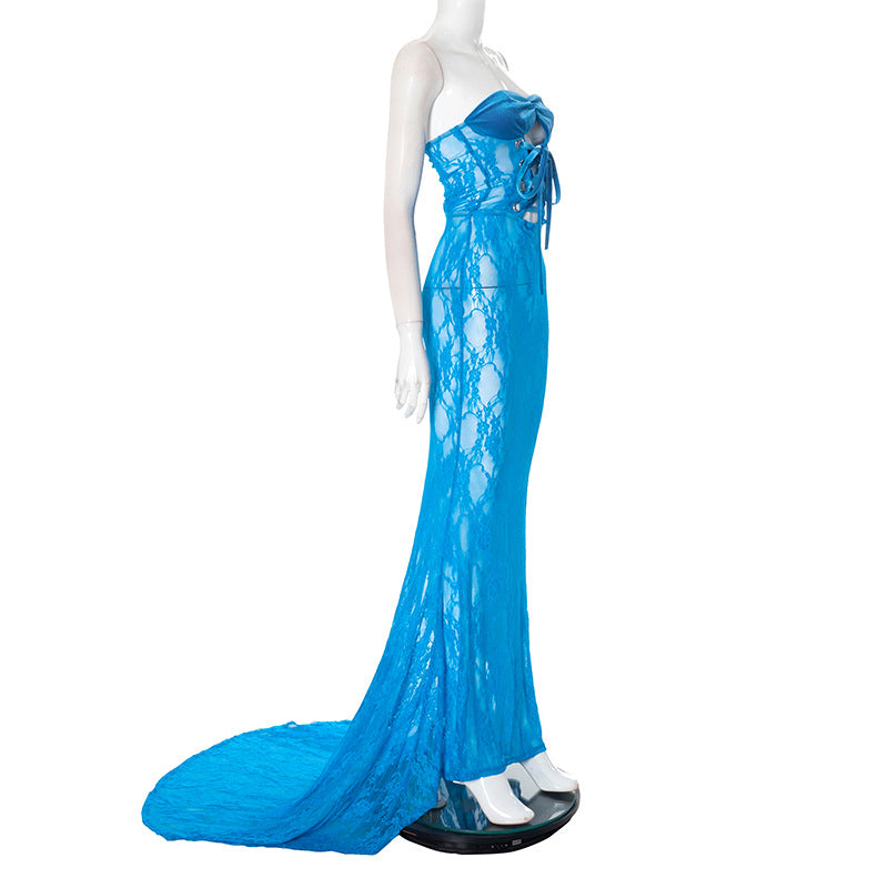 Women Mesh Lace-Up Strapless Dress 12