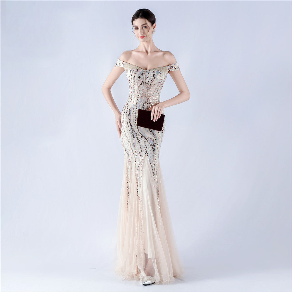 Women Evening Dress Beaded Mesh Beaded Evening Dress