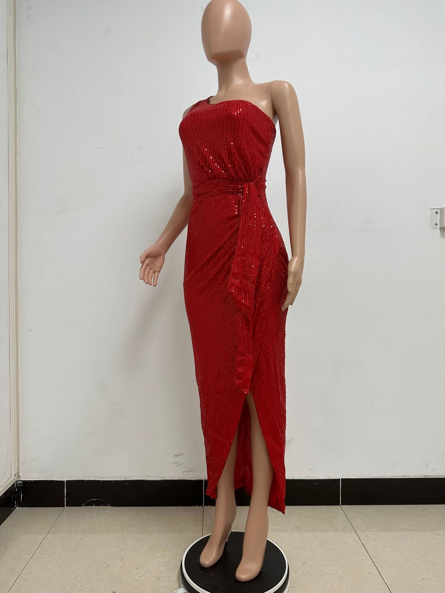 Women's One-Shoulder Lace-Up Sequined Evening Dress 120