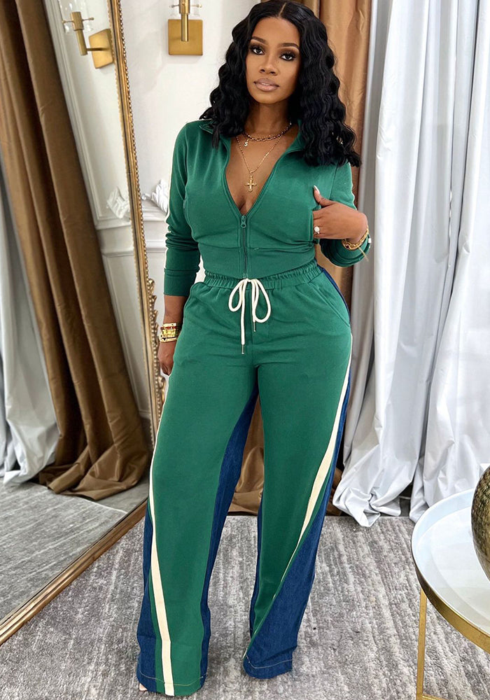 Women Top and Denim Patchwork Pants Two-Piece Set