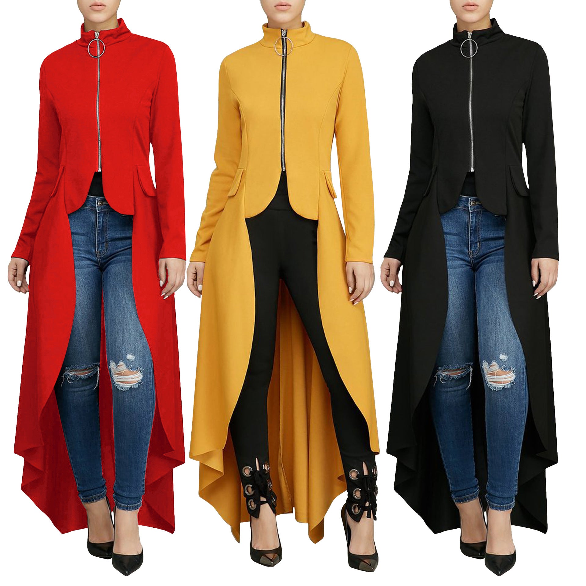 Spring Long-Sleeved High-Neck Slim Zipper Irregular Long Dress 35