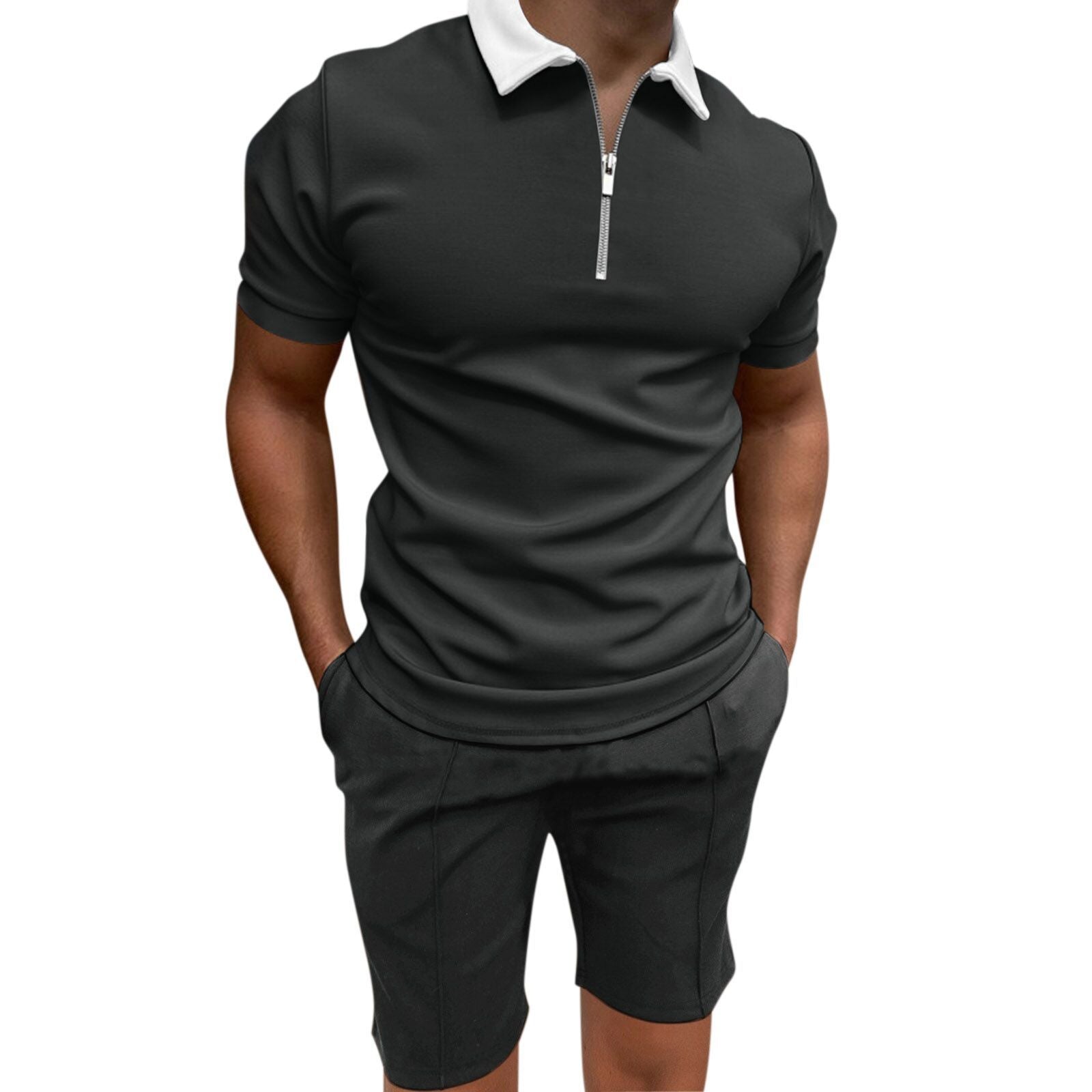 Men's Short Sleeve Printed Zip Turndown Collar polo T-shirt 19