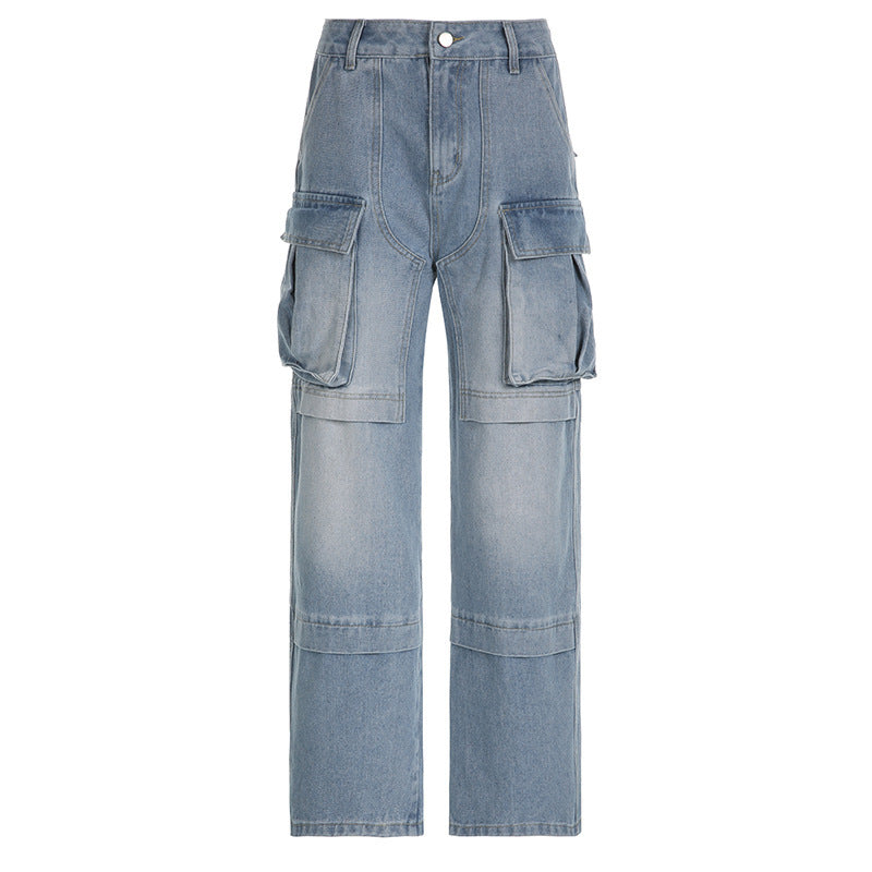 Women Pocket Loose Washed Cargo Denim Pants 7