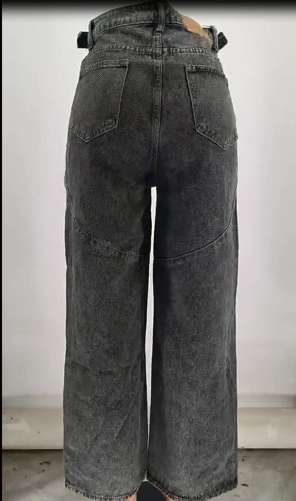 Pocket Cargo Washed Denim Pants Straight Women Jeans 7