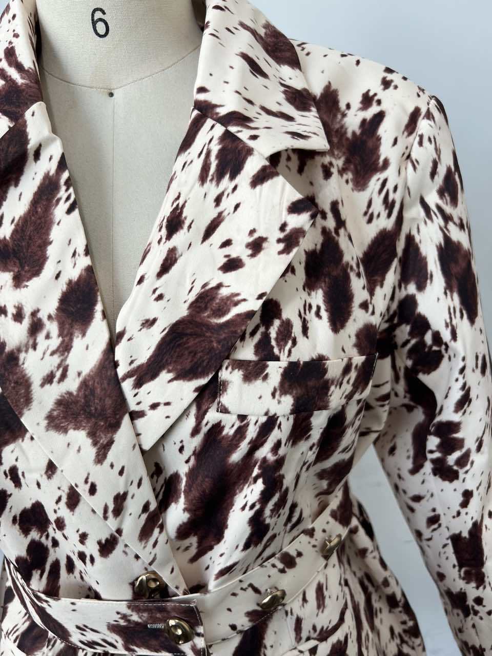 Women Fall Career Brown Printed Long-Sleeved Blazer Coat 12