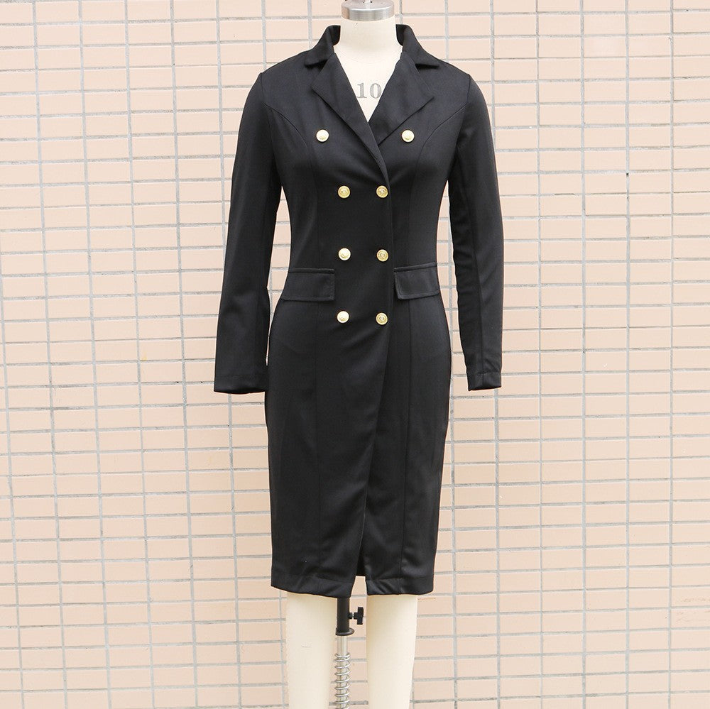 Women Autumn and Winter Long Sleeve Double Breasted Blazer Dress 15