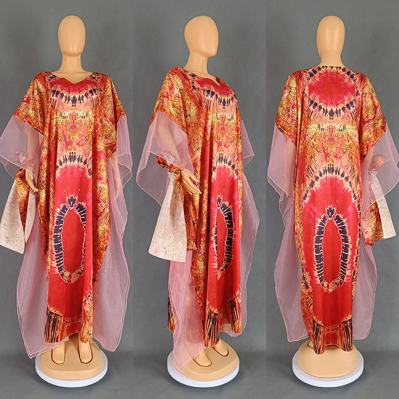 Women's clothing African long robe mesh print dress with headscarf 12
