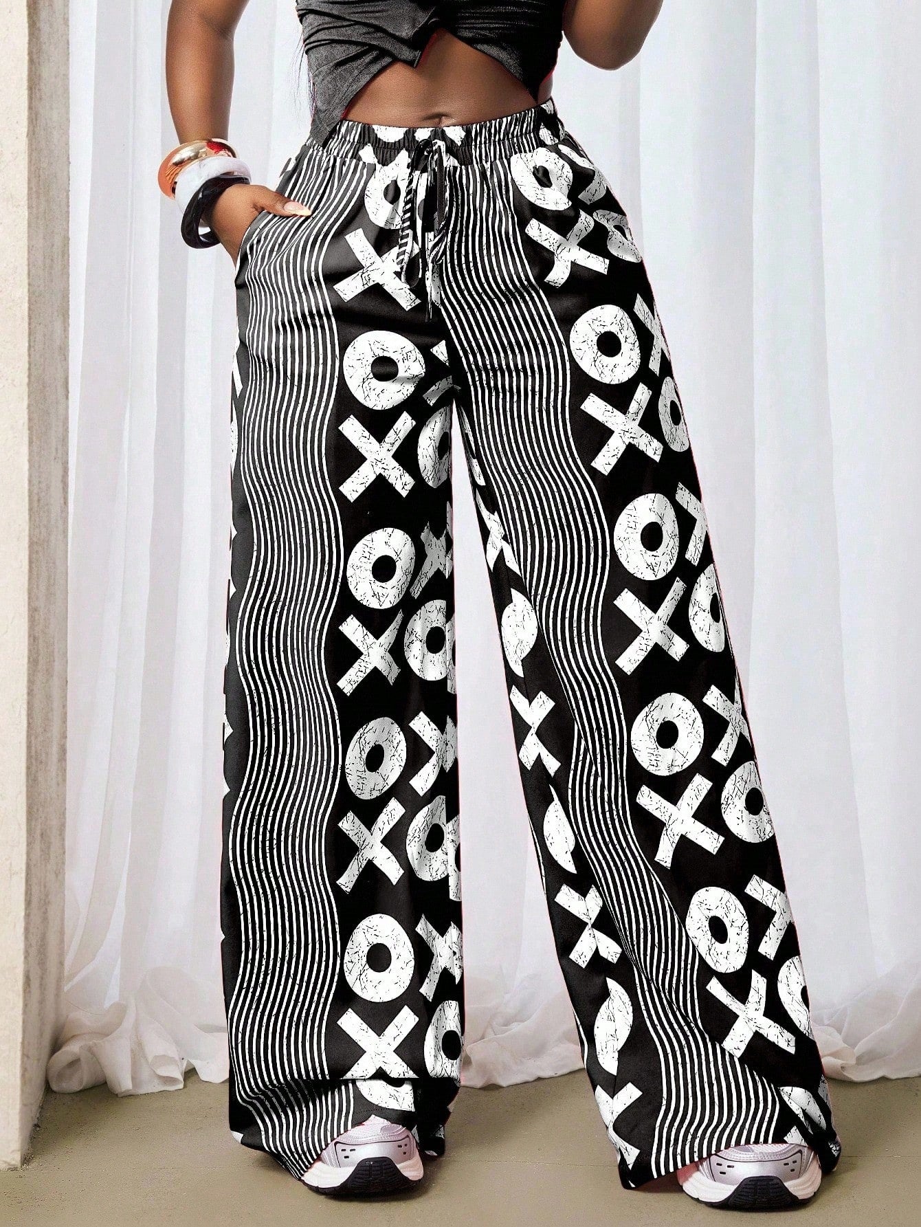 Women's Fashion Street Trendy Print Wide Leg Mid Waist Casual Long Pants 6