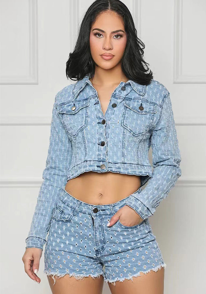 Women Casual Ripped Denim Top and Shorts Set