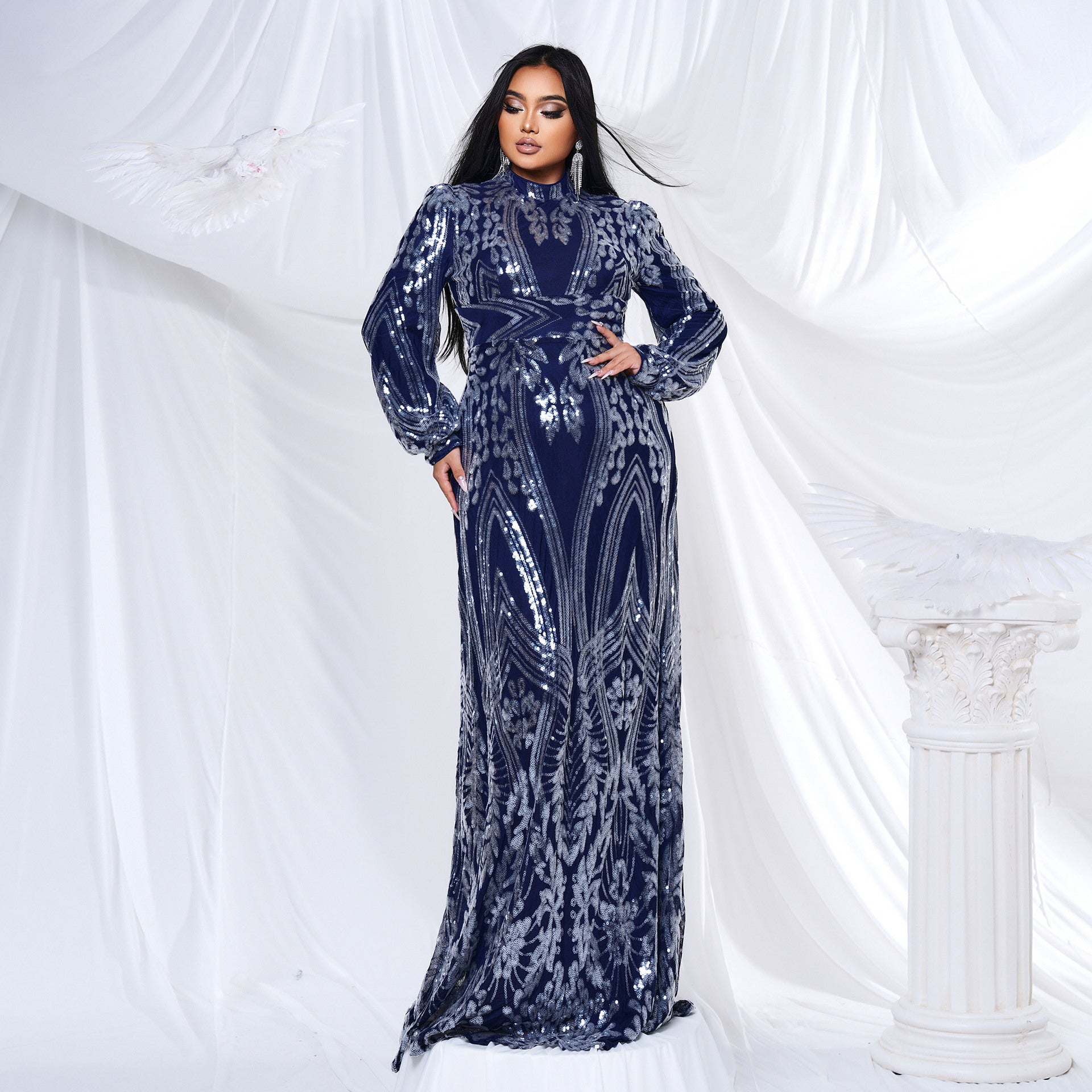 Plus Size Women Long Sleeve Round Neck Formal Party Sequin Maxi Evening Dress 3