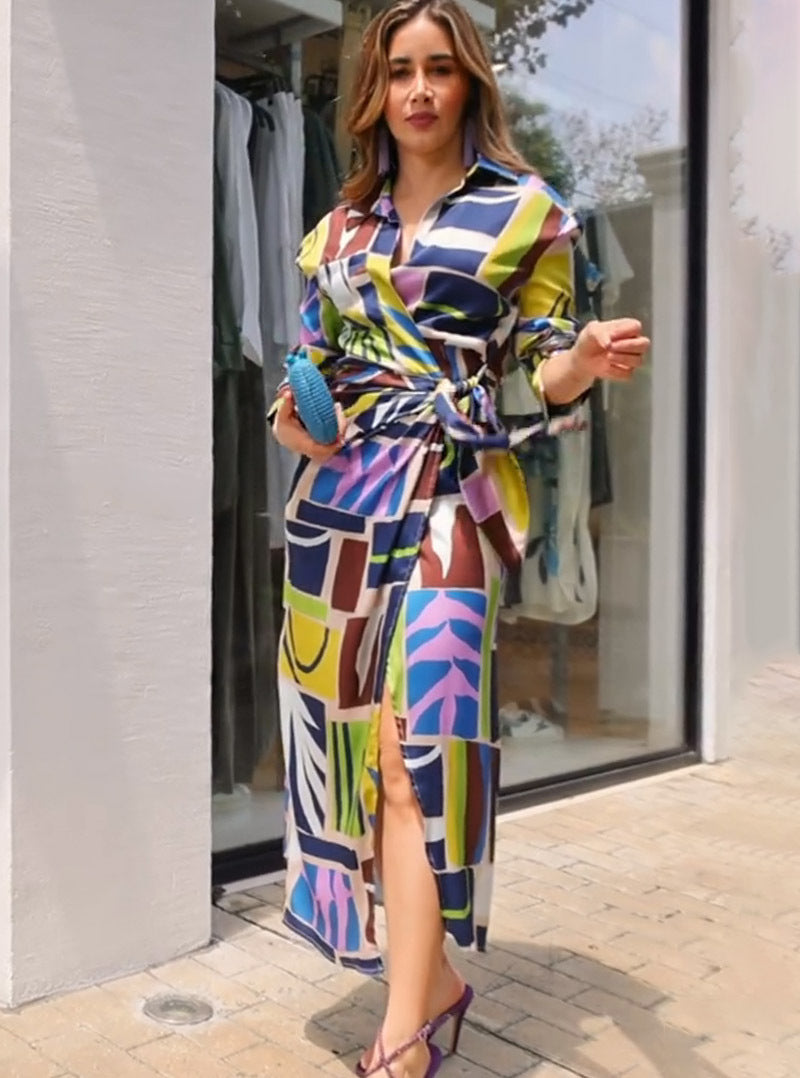 Women Style Printed V-Neck Belt Long Sleeve Dress