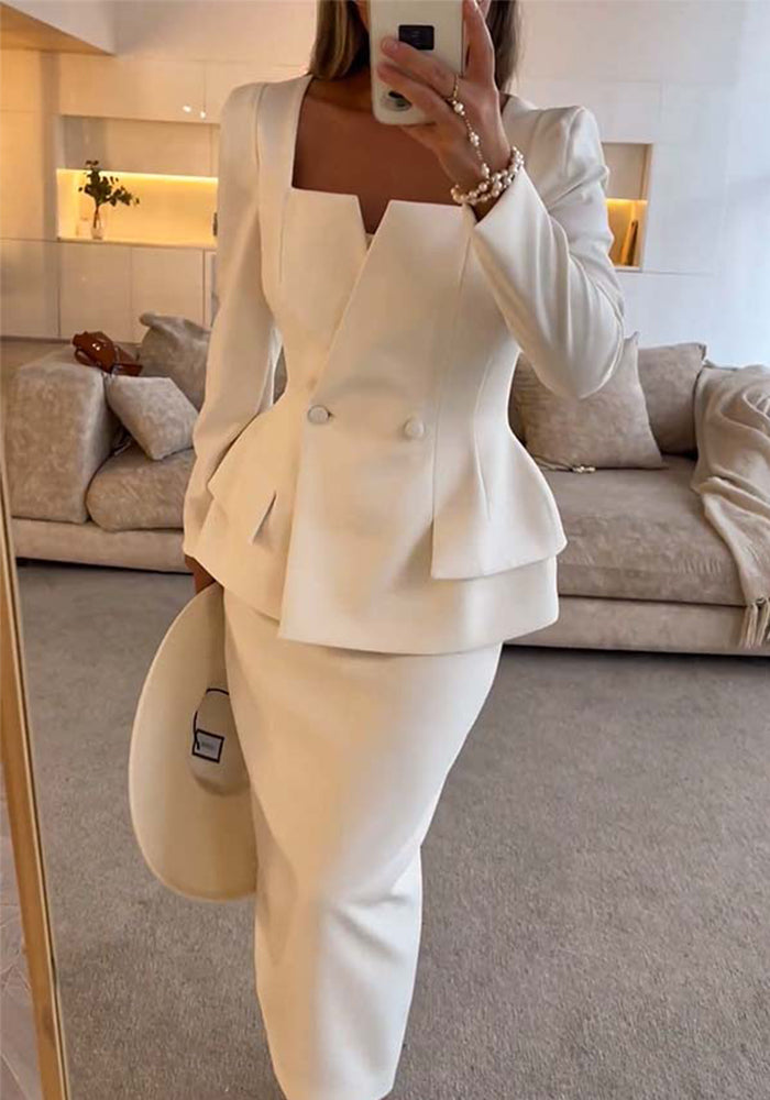 Autumn Winter Long Sleeves Career Pocket Casual Loose Party Two-Piece Suit