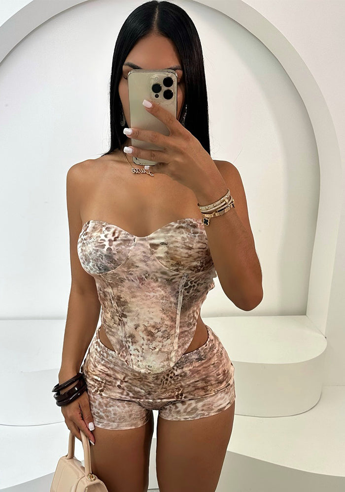 Women Sexy Leopard Print Irregular Strapless Vest Shorts Two-Piece Set