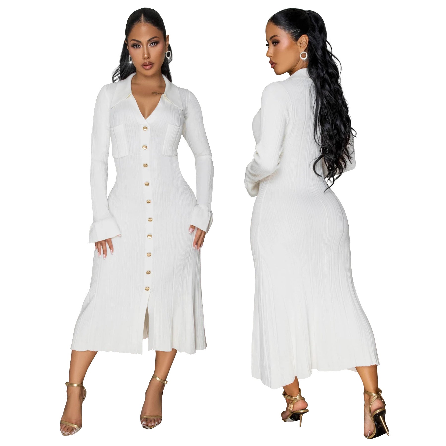 Women's Fashion V-Neck Single Row Buttons Long Sleeve Solid Long Dress