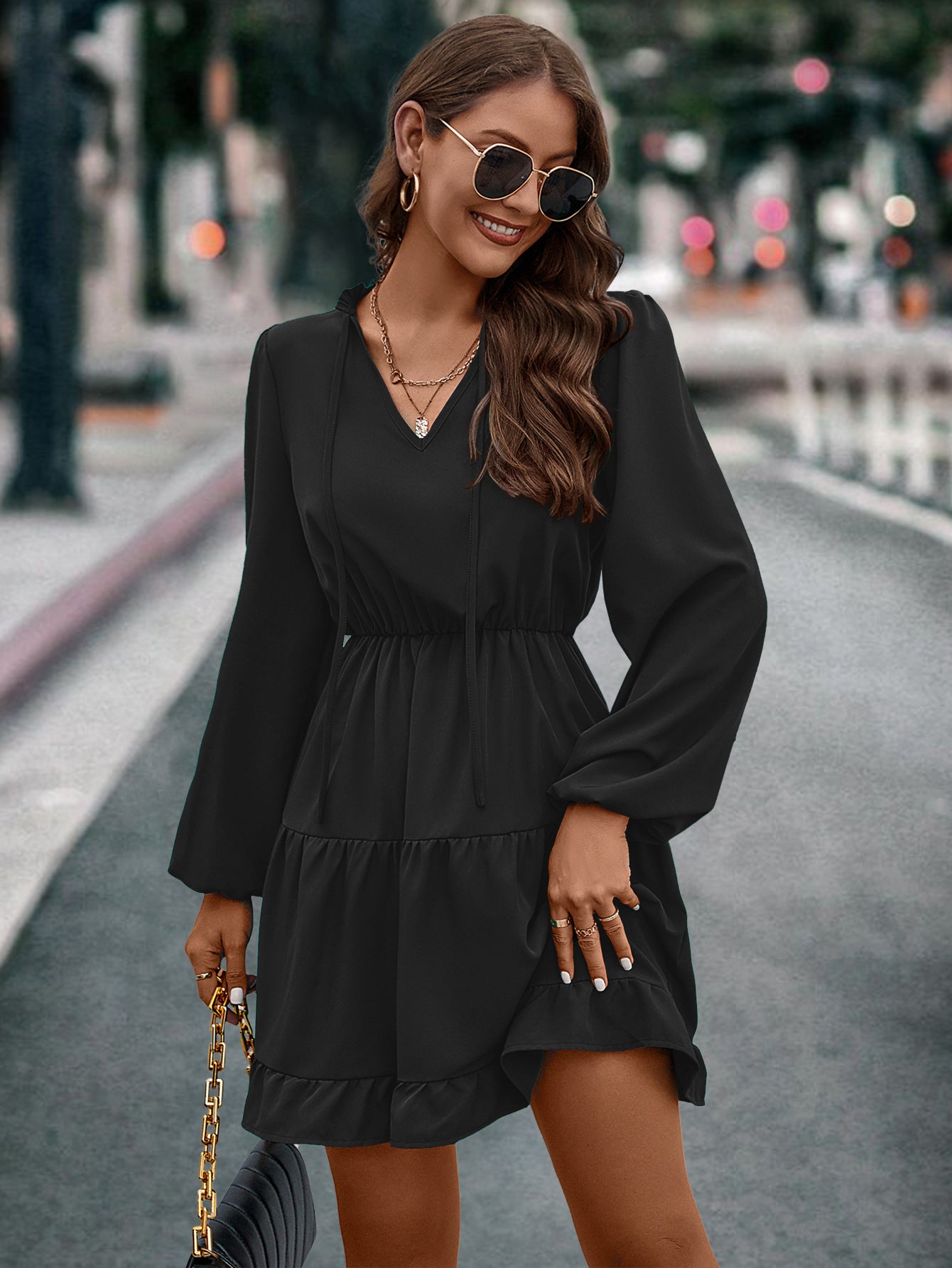 Autumn And Winter Women's  V-Neck Lace-Up Long-Sleeved Dress 5