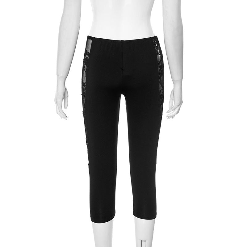 Women spring and summer mesh lace See-Through Solid cropped pants 7