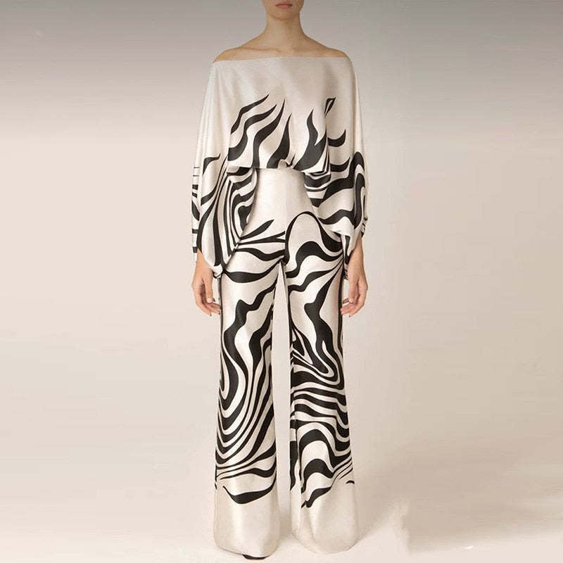 Women Casual Loose Off Shoulder Top and Printed Wide Leg Pants Two-piece Set 11