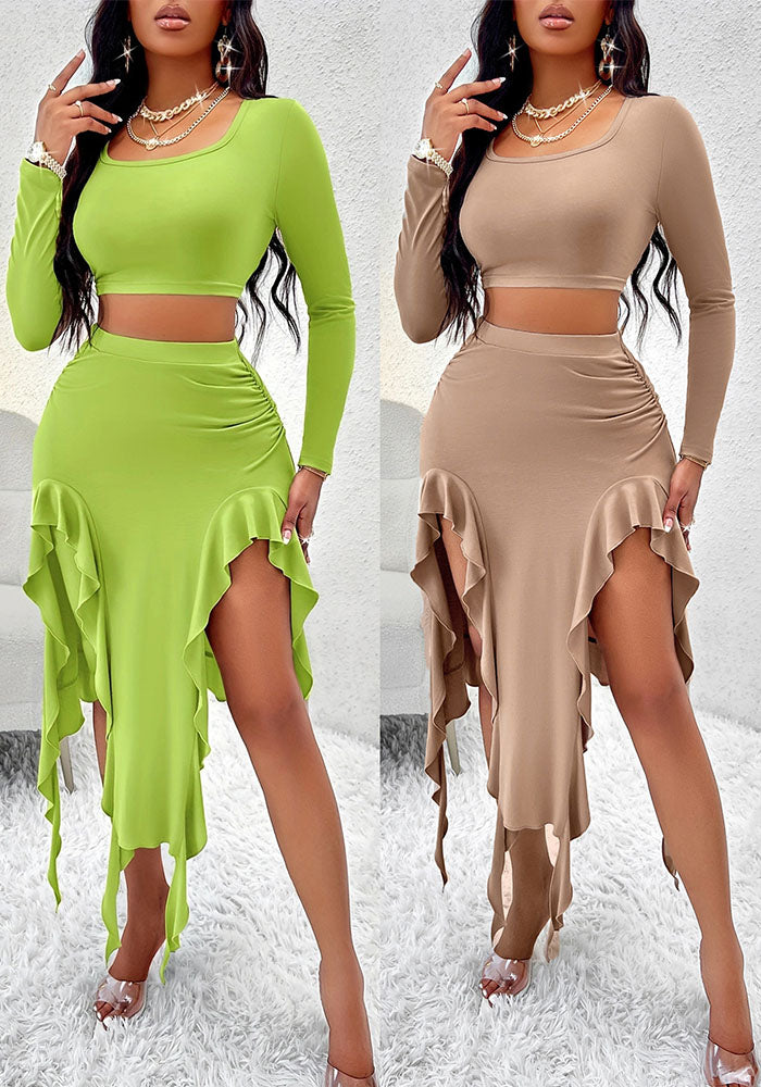 Fashionable And Elegant Solid Color Round Neck Long Sleeve Top Ruffle Skirt Two Piece Set For Women