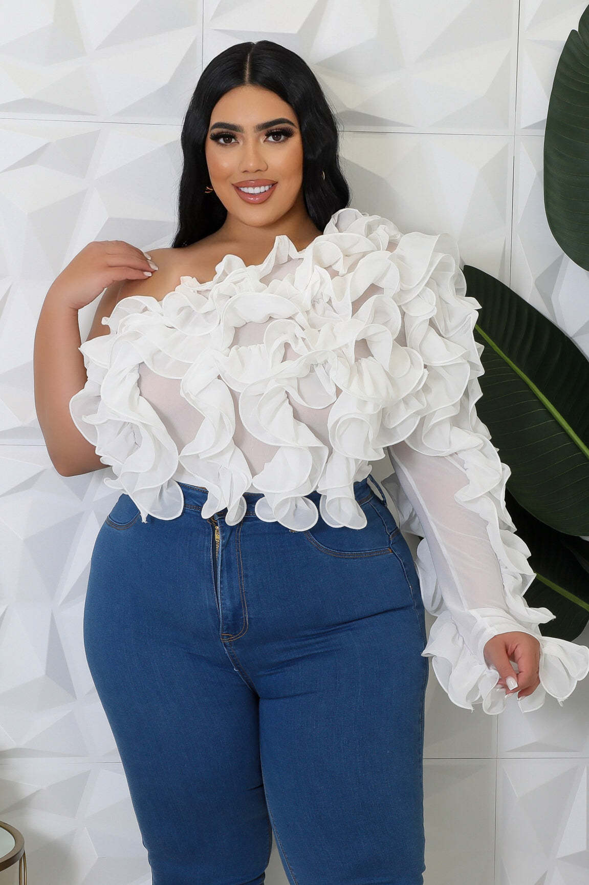 Plus Size Women's Slash Shoulder Long-Sleeved Sexy Solid Color See-Through Mesh Top 4