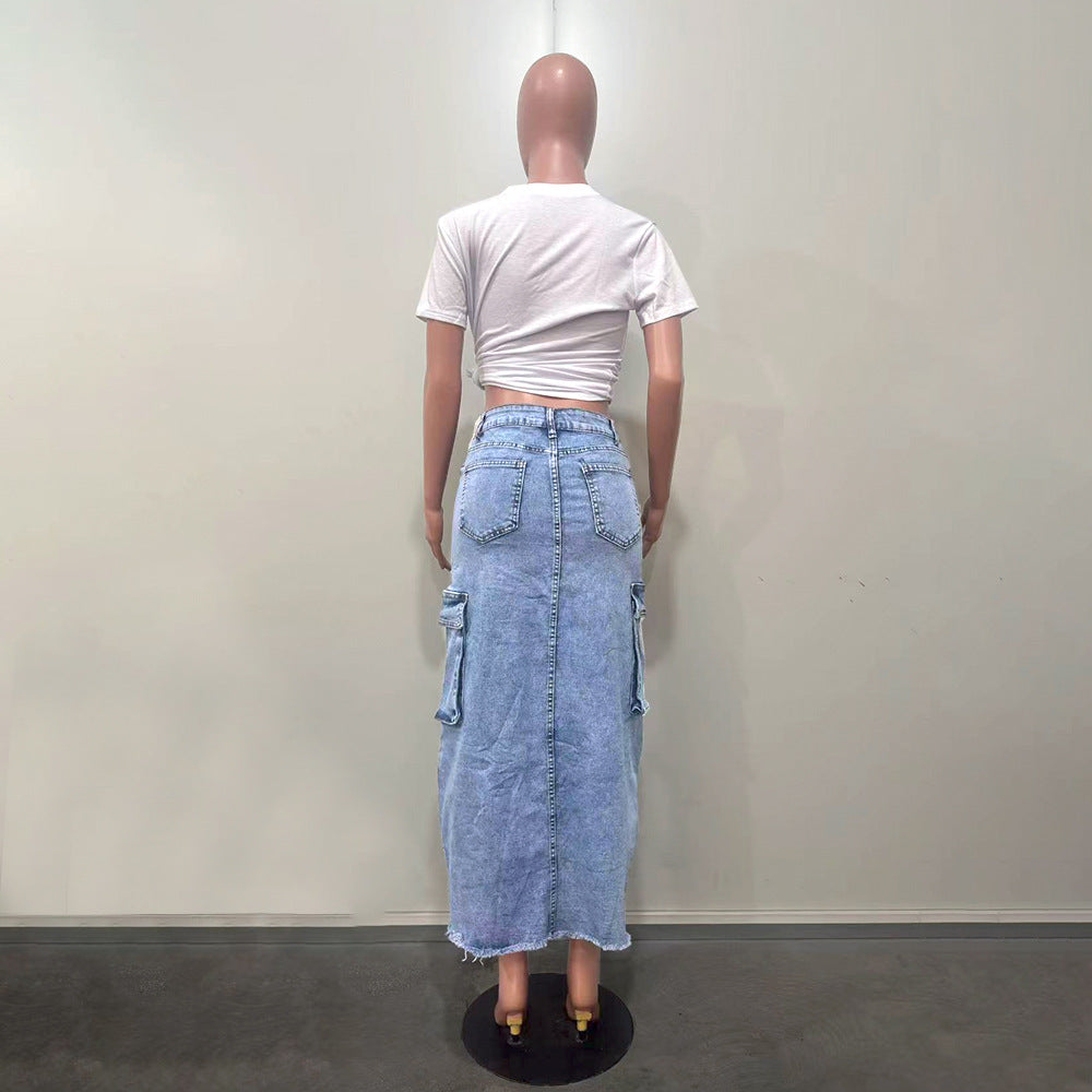 women's slit Ripped pocket Cargo Denim skirt 7