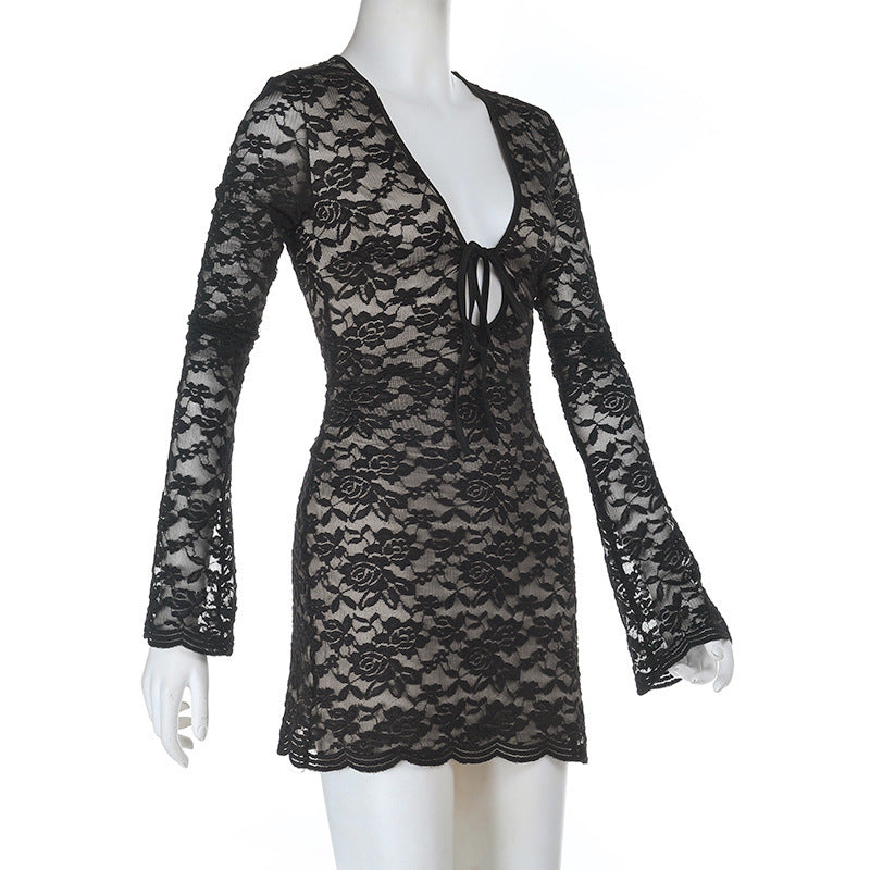 Women Bell Bottom Long-Sleeved Sexy Lace-Up Mini Dress 7