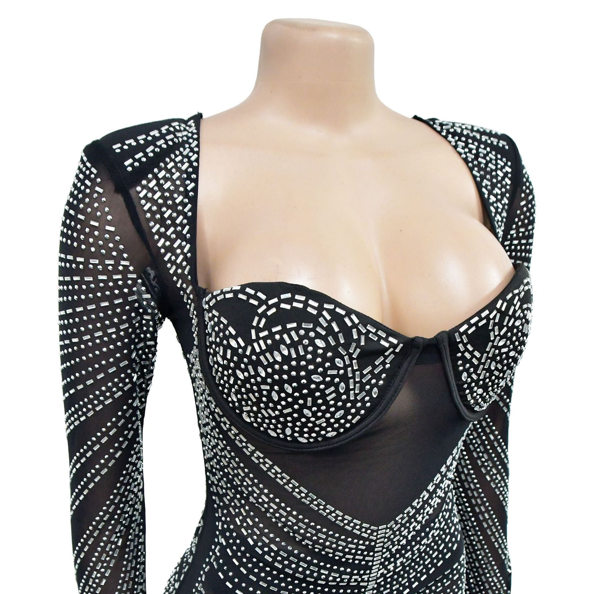 Fashion Women's Solid Color Mesh Beaded Long Sleeve Short Club Dress 21