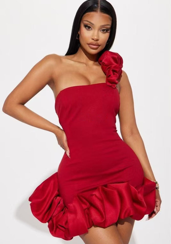 Women Solid One Shoulder Strapless Bodycon Ruffle Dress