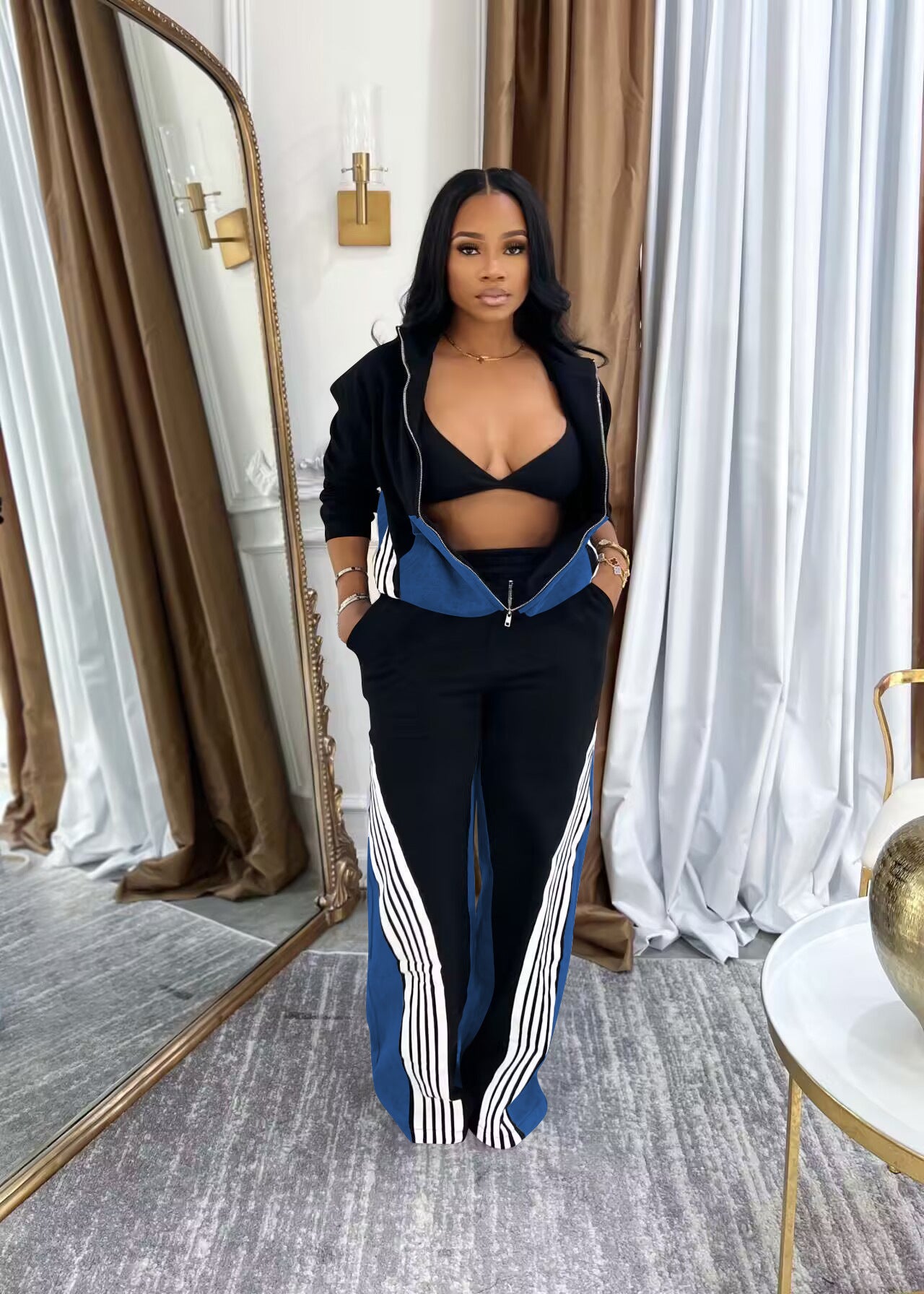 Denim Patchwork Sport Two-Piece Pants Set 4