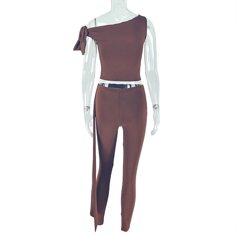 Fashion One-Shoulder Solid Pants Set Slash Shoulder Lace-Up Top Tight Fitting Pants Two-Piece Set 8
