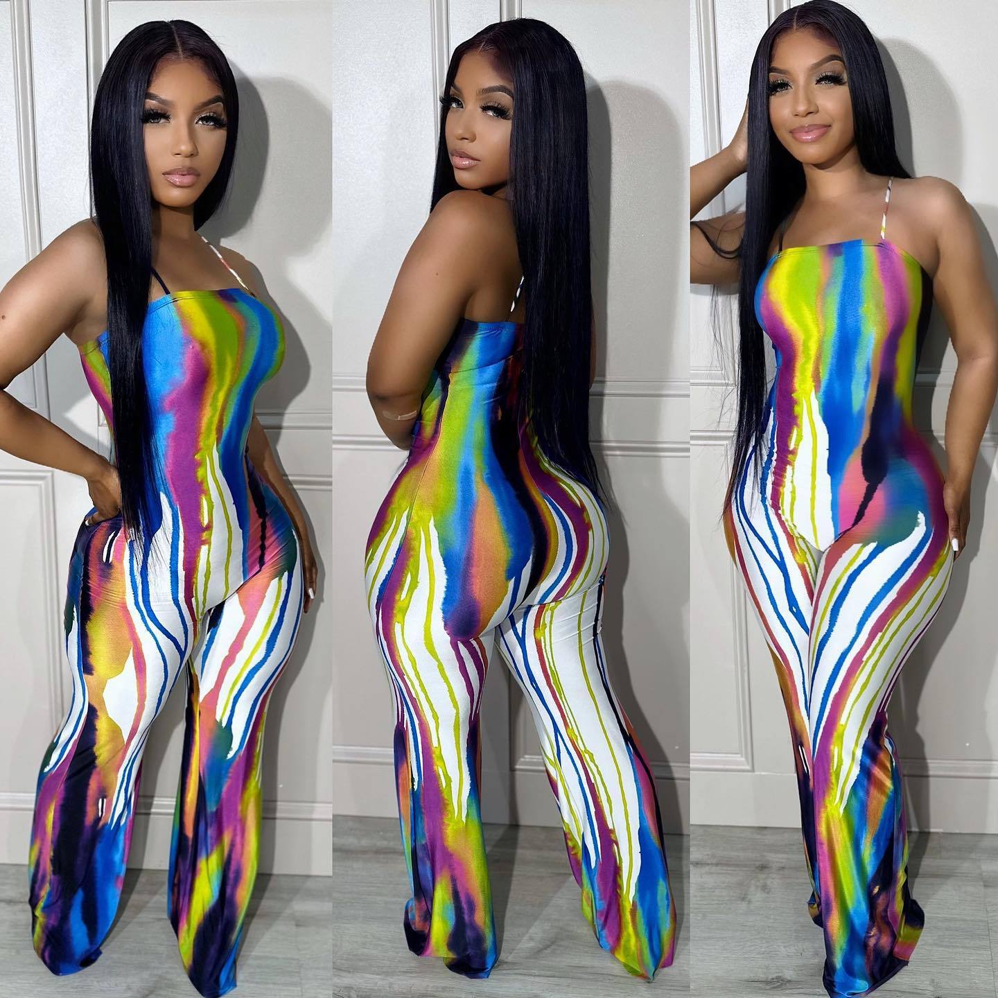 Sexy Suspender Graffiti Positioning Print Wide Leg Jumpsuit 3
