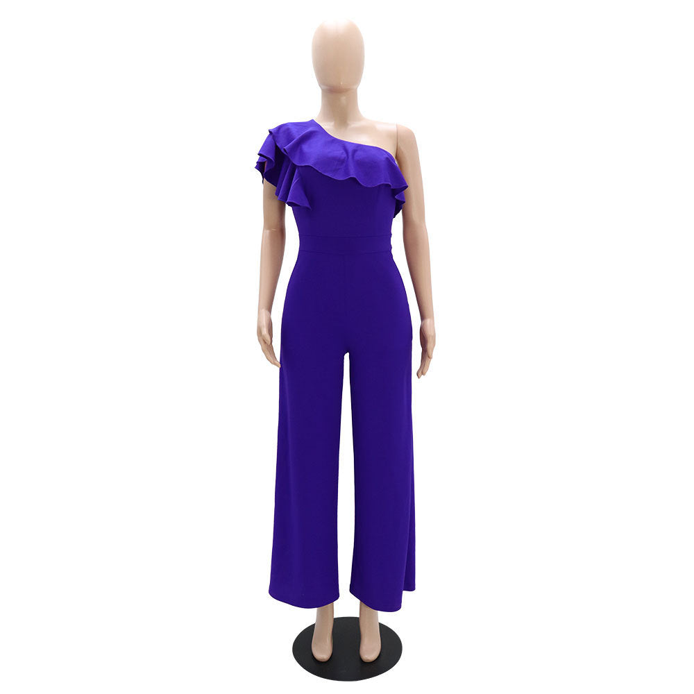 Ruffle One Shoulder High Waist Loose Straight Chic Women's Jumpsuit 13