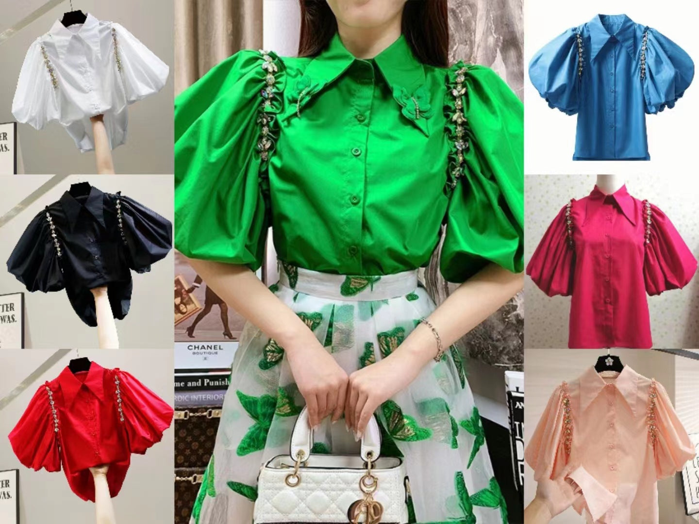 Embellished Rhinestone Chain Fashion Slit Retro Puff Sleeve Shirt 11