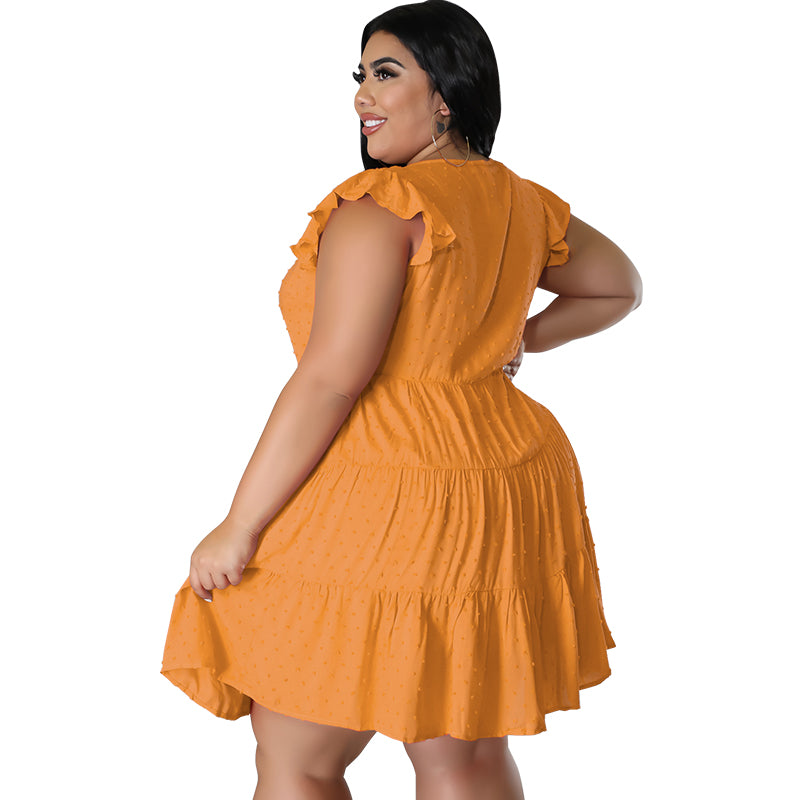 Plus Size Women's Solid Color Ruffled Short Sleeve Button Up Casual A-line Dress 21