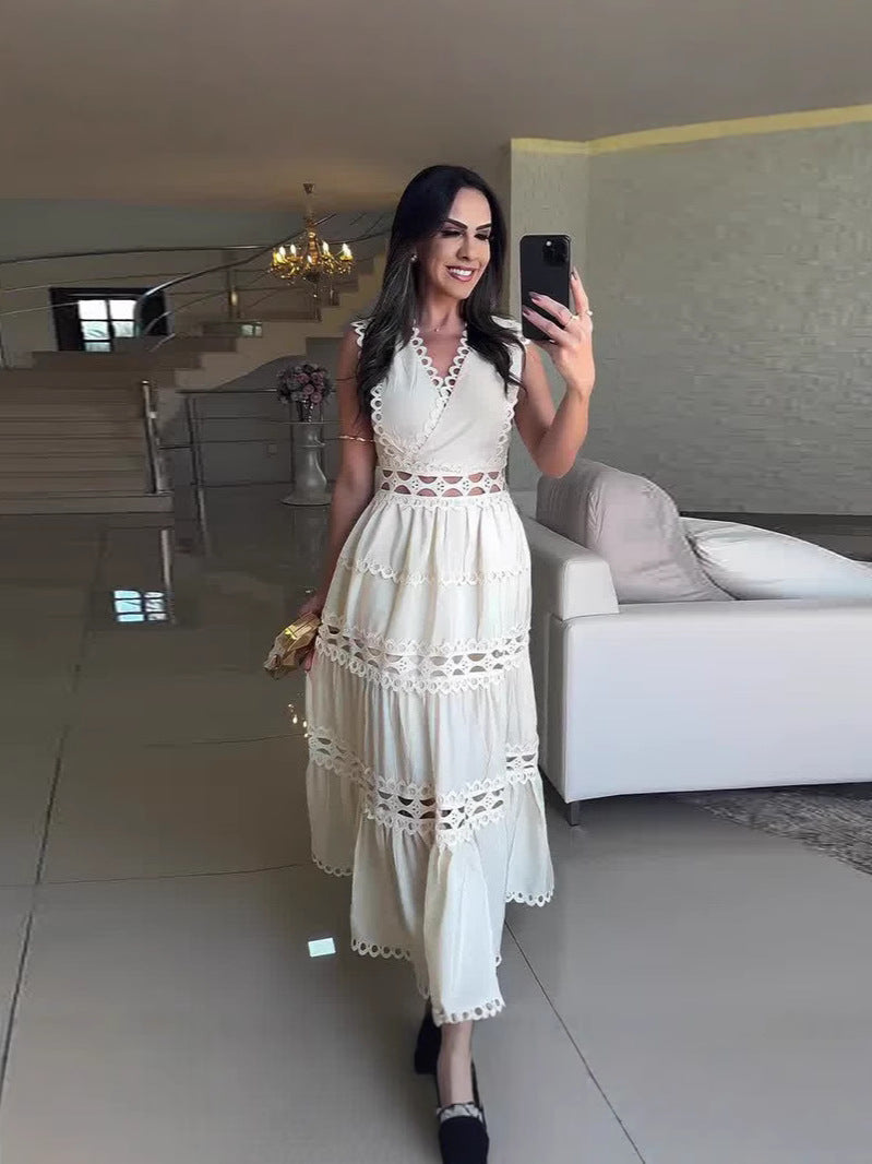 Hollow Embroidery V-Neck Long Sleeveless Casual Long Dress 5