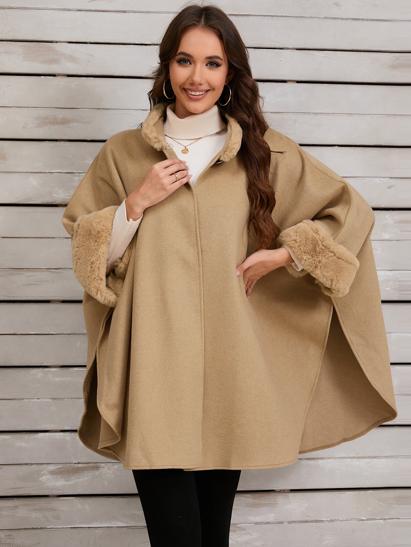 Autumn winter furry collar cape cloak jacket Casual loose shawl women's clothing 3