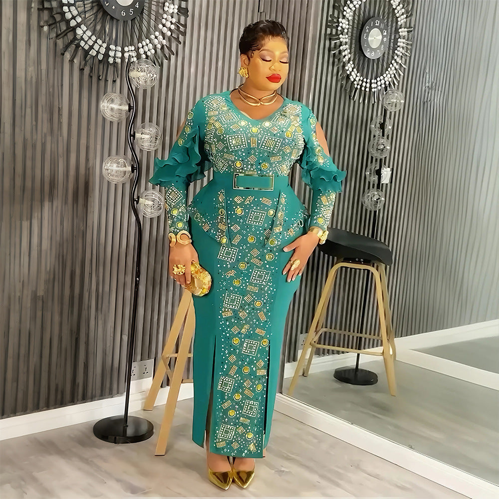 African Women's Plus Size Chic Elegant Fashion Beaded Formal Party Bodycon Dress Evening Gown 3