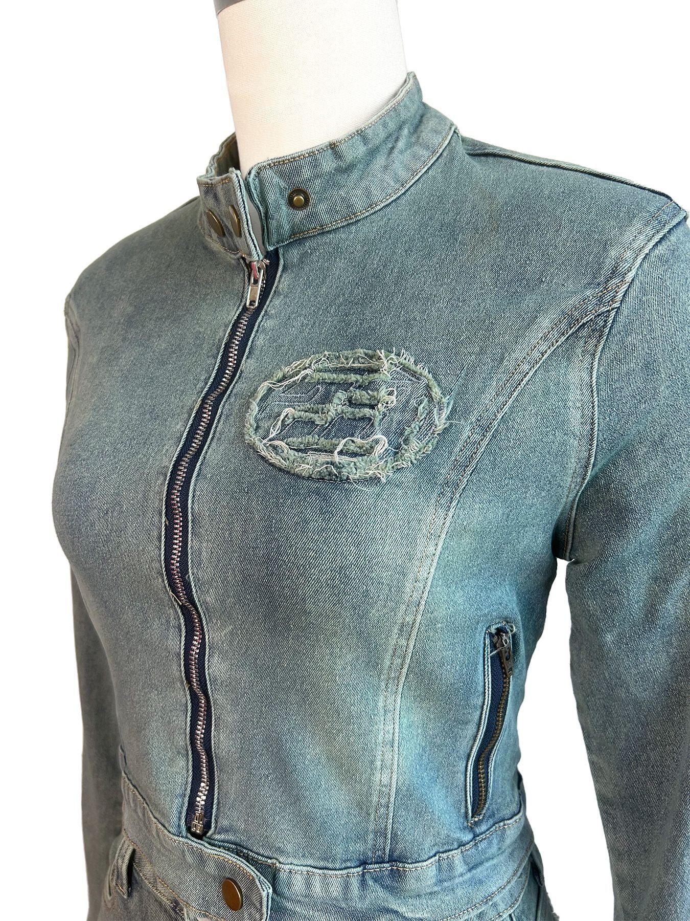 Women's Clothing Denim Patch Embroidered Zip Long Sleeve Top Slim Mini Skirt Two-Piece Set 8