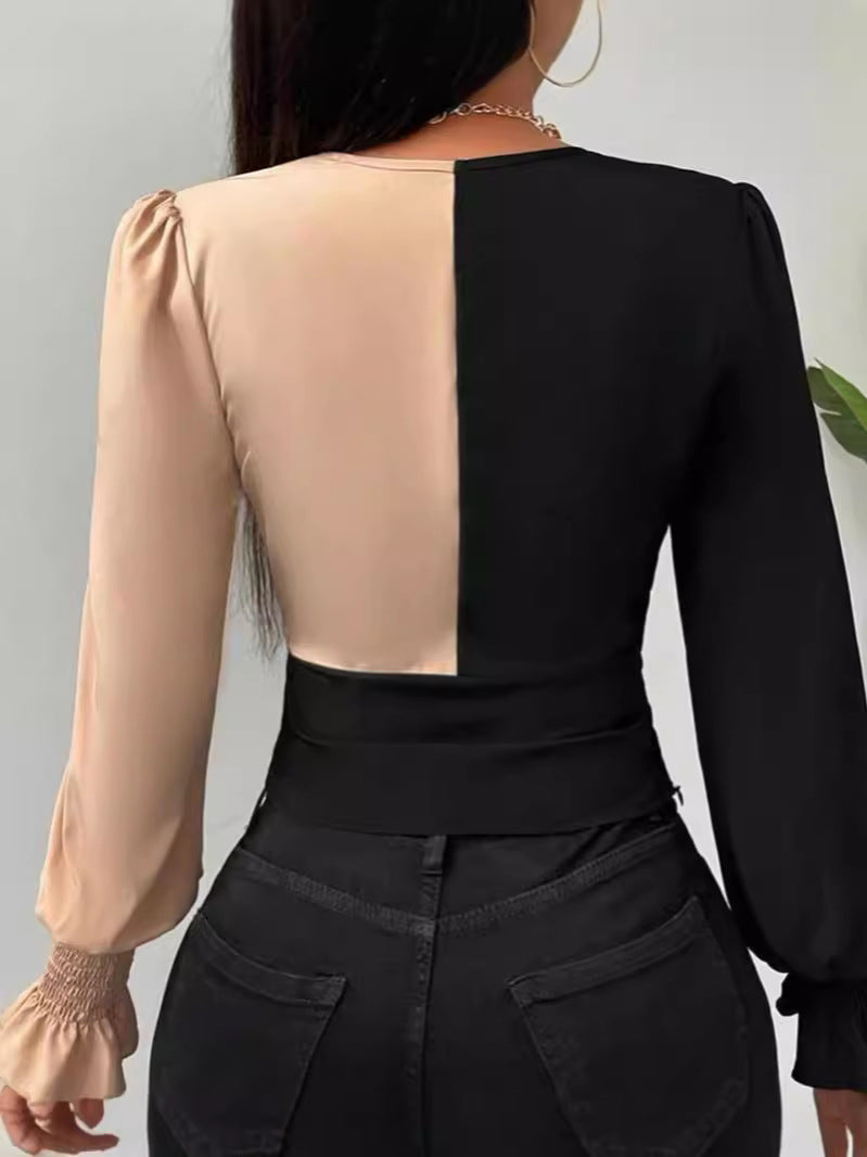 Women color block Patchwork v-neck long-sleeved color-blocked shirt